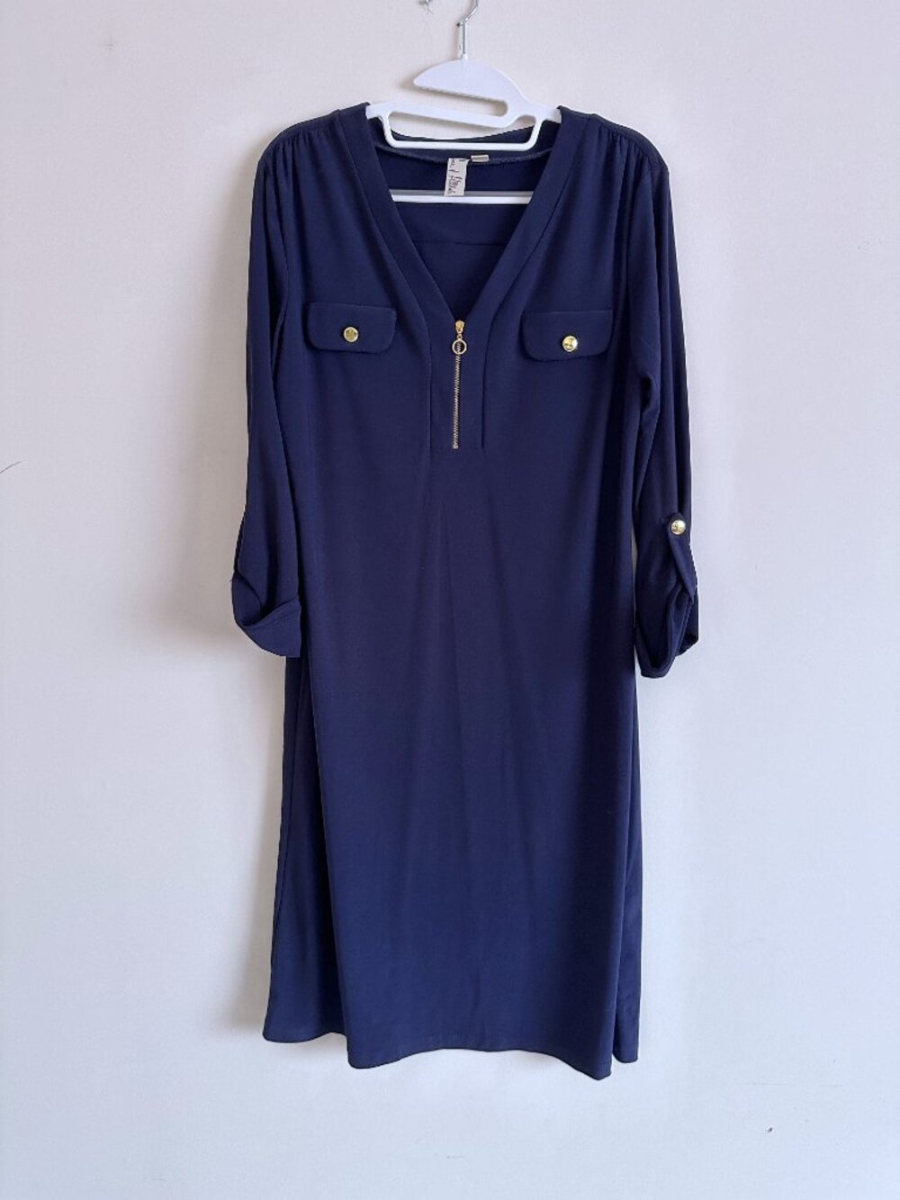 Navy 3/4 Sleeve V-Neck Dress